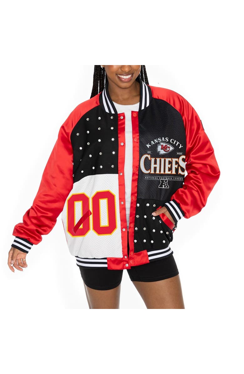 GAMEDAY COUTURE Women's Gameday Couture  Red/Black Kansas City Chiefs Oversized Hot Shot Rhinestone Throwback Full-Snap Varsity Bomber Jacket, Main, color, 