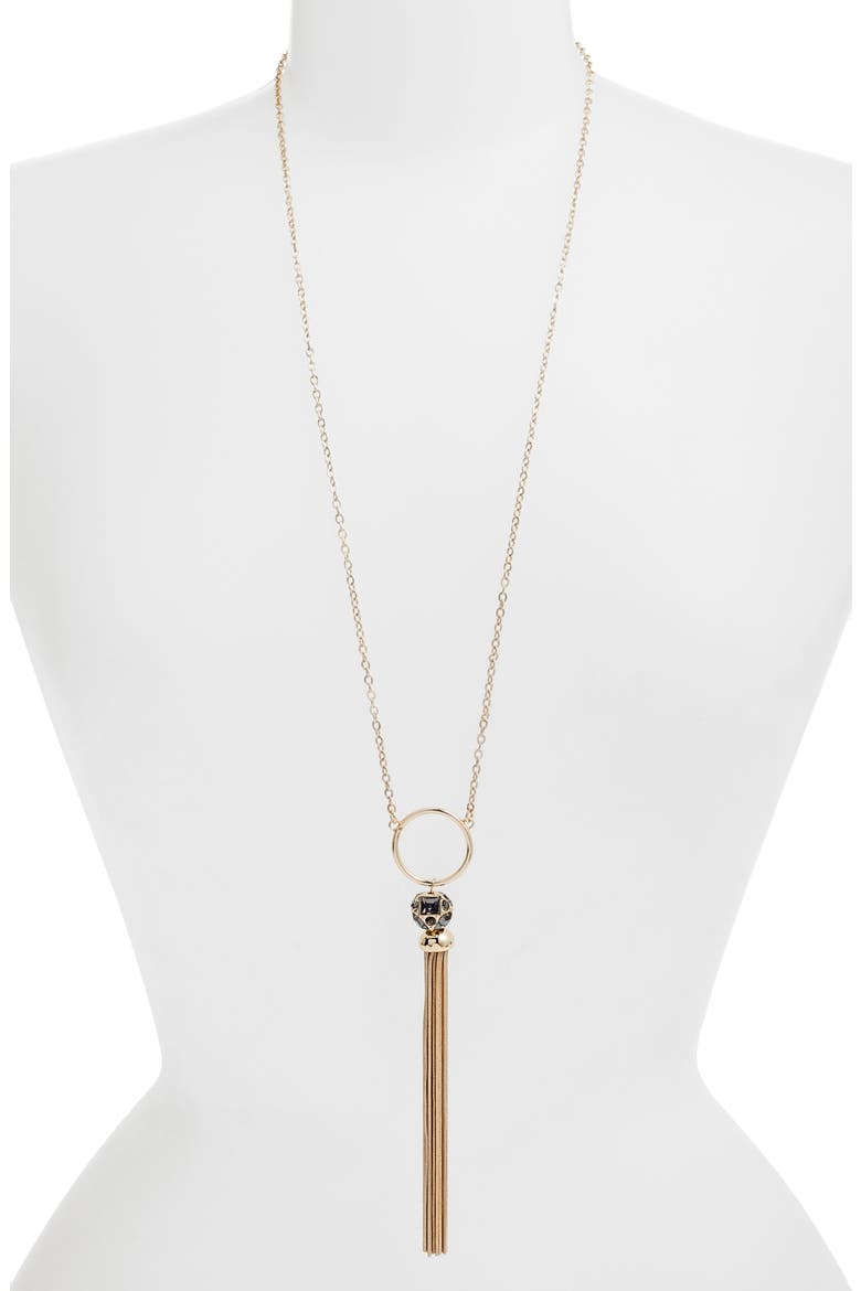 Long Fireball & Tassel Y-Necklace, Main, color, BLACK DIAMOND- GOLD