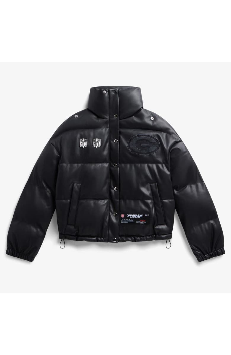 Off Season Women's  Black Green Bay Packers Faux Leather Puffer Jacket, Main, color, Black