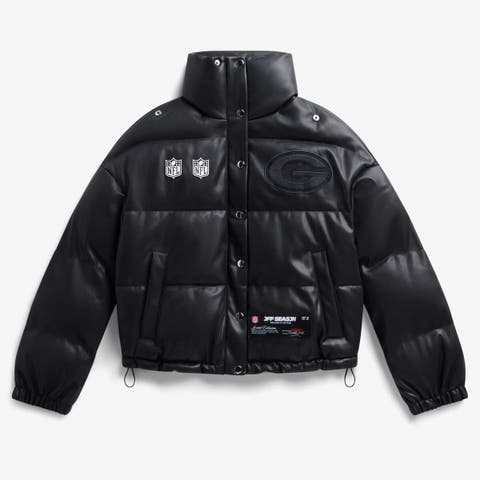 Women's  Black Green Bay Packers Faux Leather Puffer Jacket