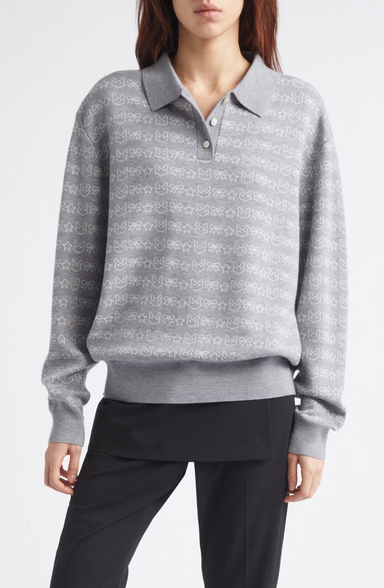 Sandy Liang Woods Merino Wool Polo Sweater, Main, color, Heather Grey