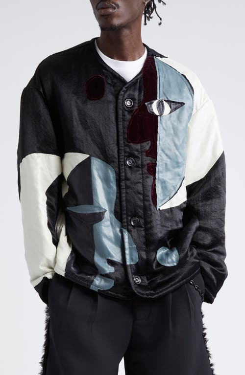 SONG FOR THE MUTE Gender Inclusive Jester Appliqué Oversize Satin Jacket in Multi 