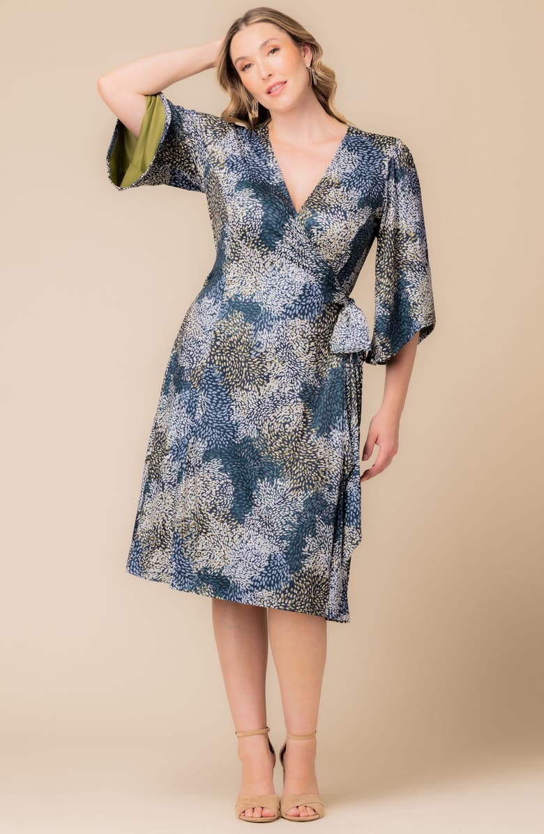 Kiyonna Gemini Floral Bell Sleeve Wrap Dress, Alternate, color, Blue Multi