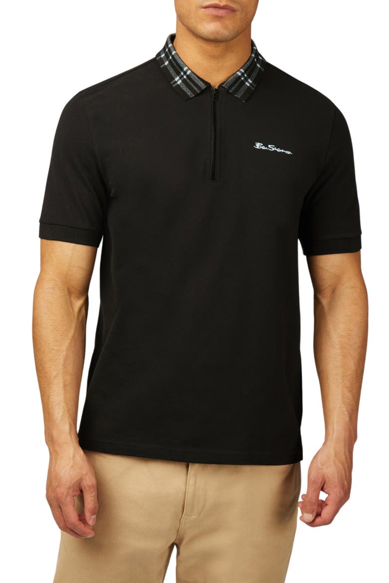 Plaid Collar Organic Cotton Piqué Zip Polo, Main, color, BLACK