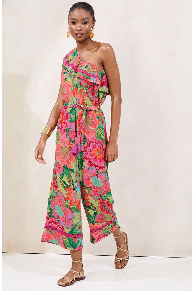 Floral Print One Shoulder Crop Jumpsuit, Alternate, color, GREEN