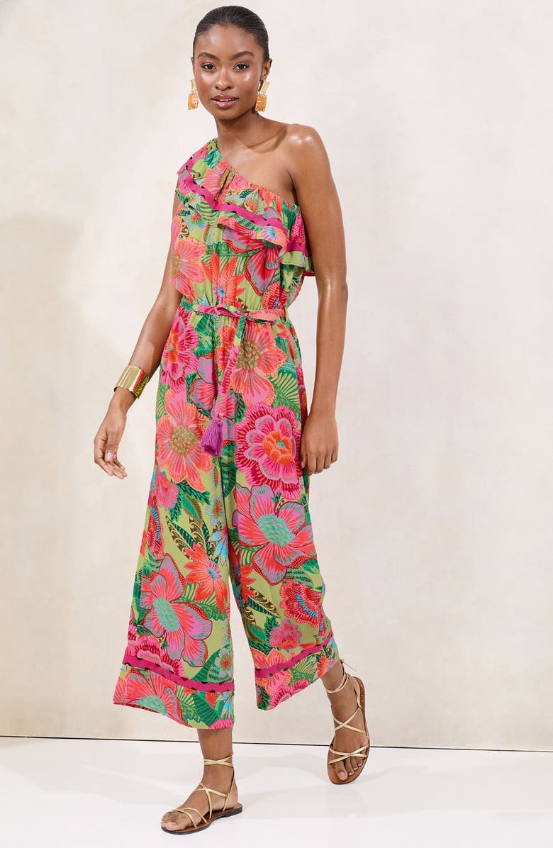 Lipsy Floral Print One Shoulder Crop Jumpsuit, Alternate, color, Green