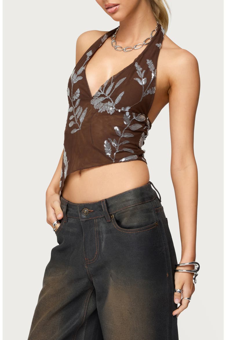 Sequin Floral Asymmetric Mesh Halter Top, Alternate, color, BROWN