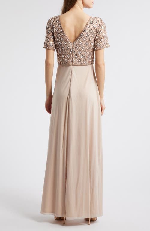 Pisarro Nights Beaded Mesh Mock Two-piece Evening Dress In New Peach