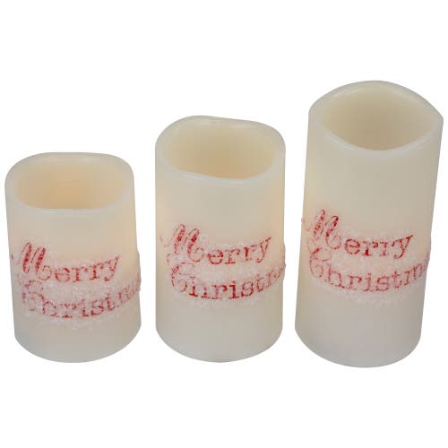 Northlight Led Flameless Frosted "merry Christmas" Wax Pillar Candles In White