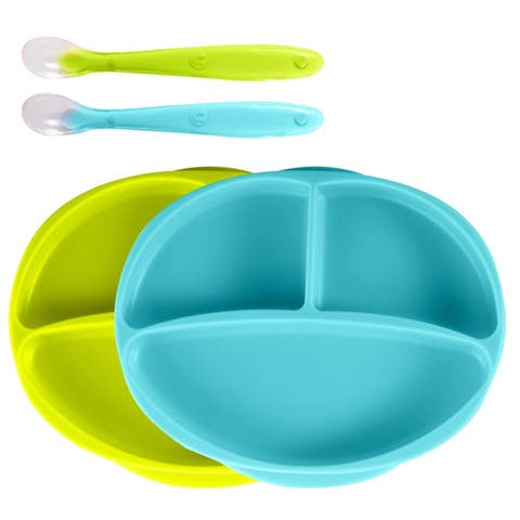 Silicone Suction Divided Plate and Spoon Toddler Training Self Feeding Set, 2-Pack