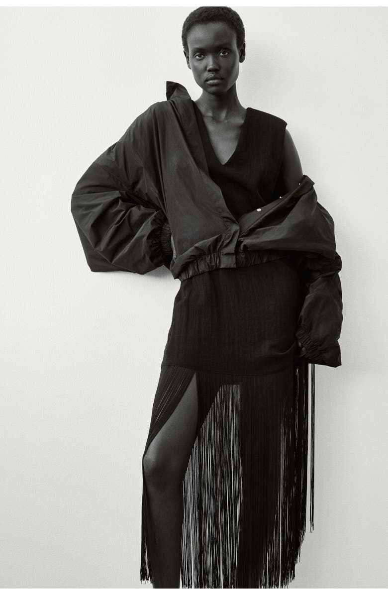 H&M Fringed dress with shoulder pads, Alternate, color, Black