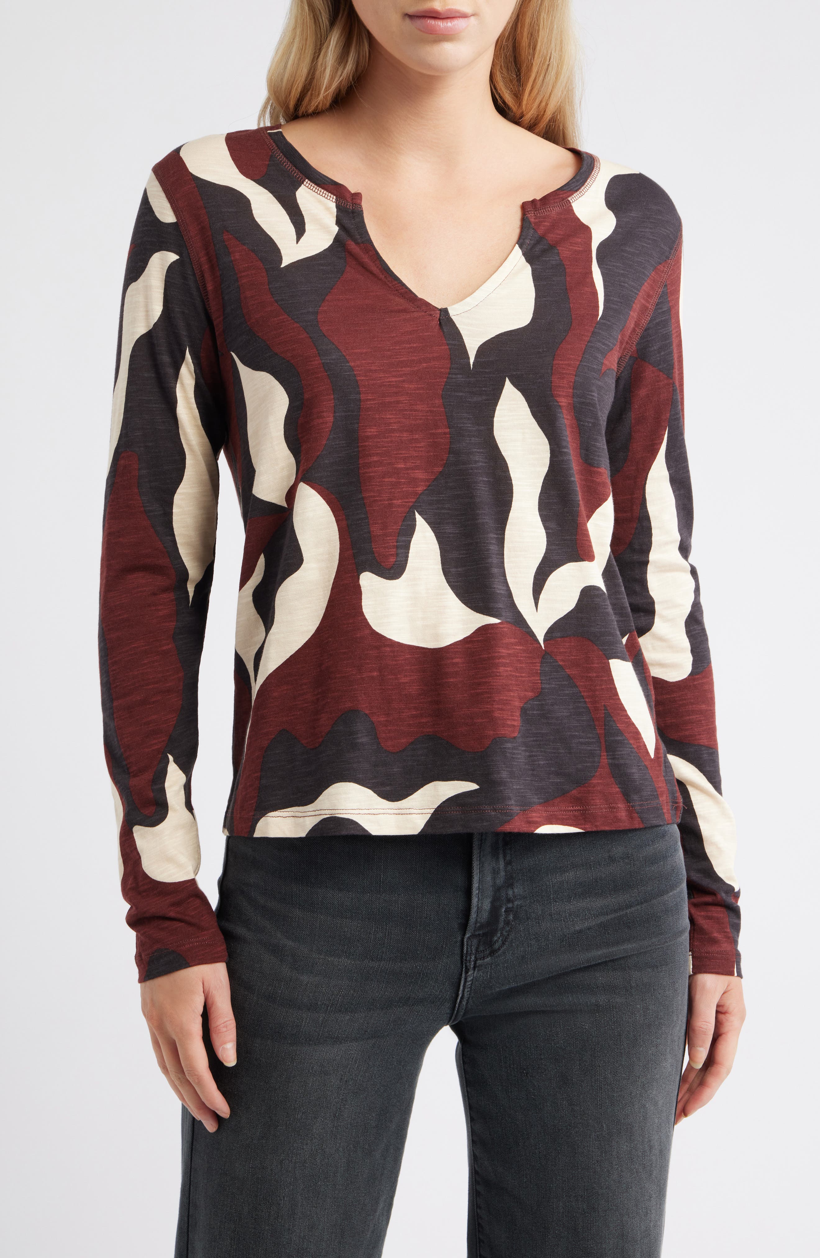 Sanctuary Print Split Neck Knit Top