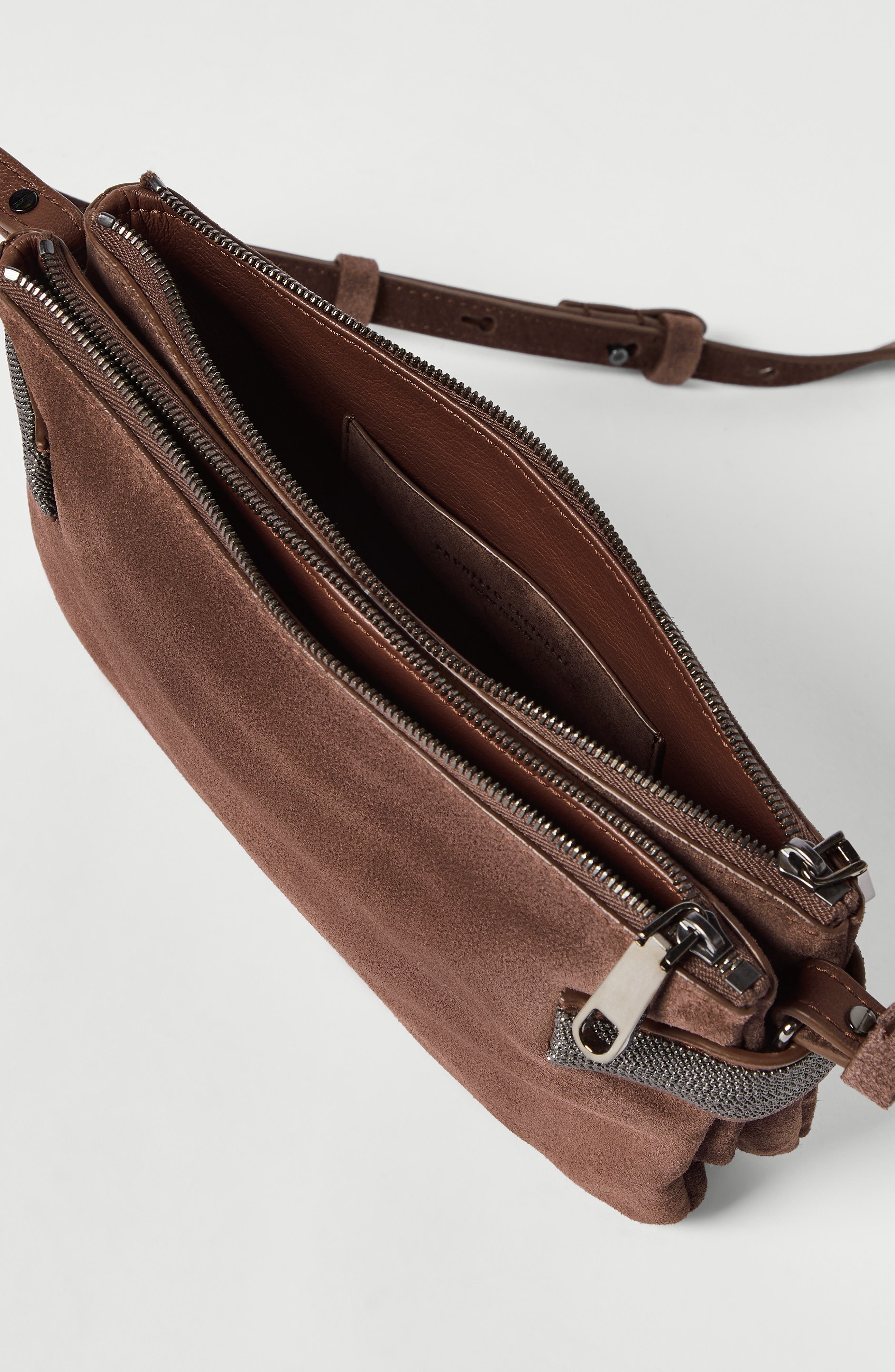 Essence mini shoulder bag in suede with precious bands, Alternate, color, Burgundy