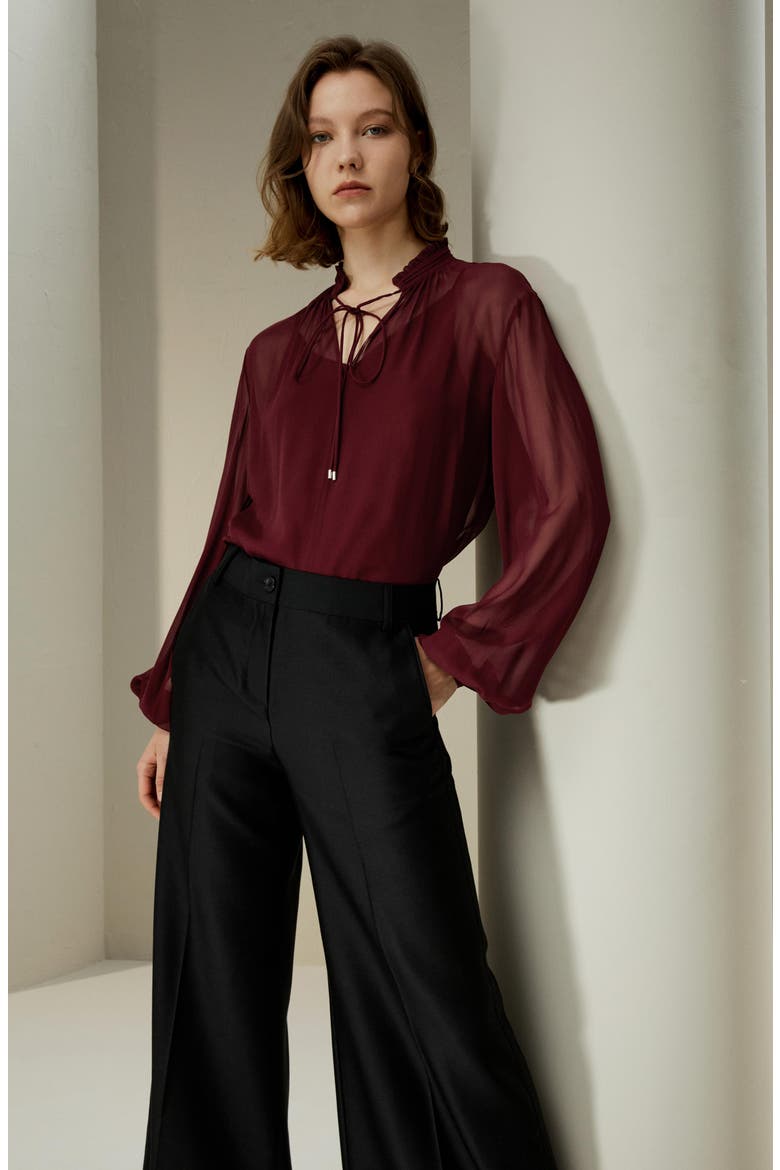 Tie Front Drawstring Georgette Blouse, Alternate, color, Oxblood