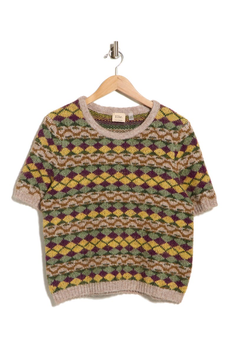 Patterned Fuzzy Sweater, Main, color, GREEN/ YELLOW/ BROWN JACQUARD