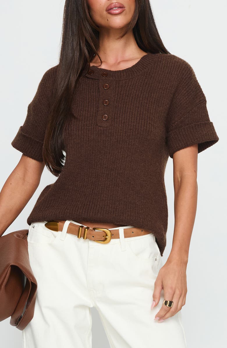 Princess Polly Brandii Short Sleeve Henley Sweater, Main, color, Chocolate