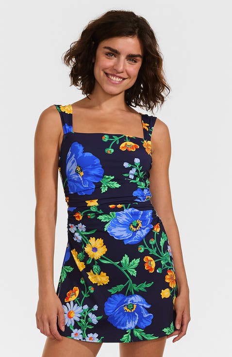 Chlorine Resistant Square Neck Ruched Swim Dress One Piece Swimsuit