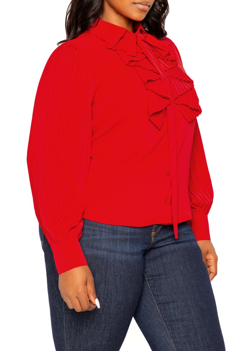 Tie Neck Pleated Sleeve Top, Alternate, color, RED