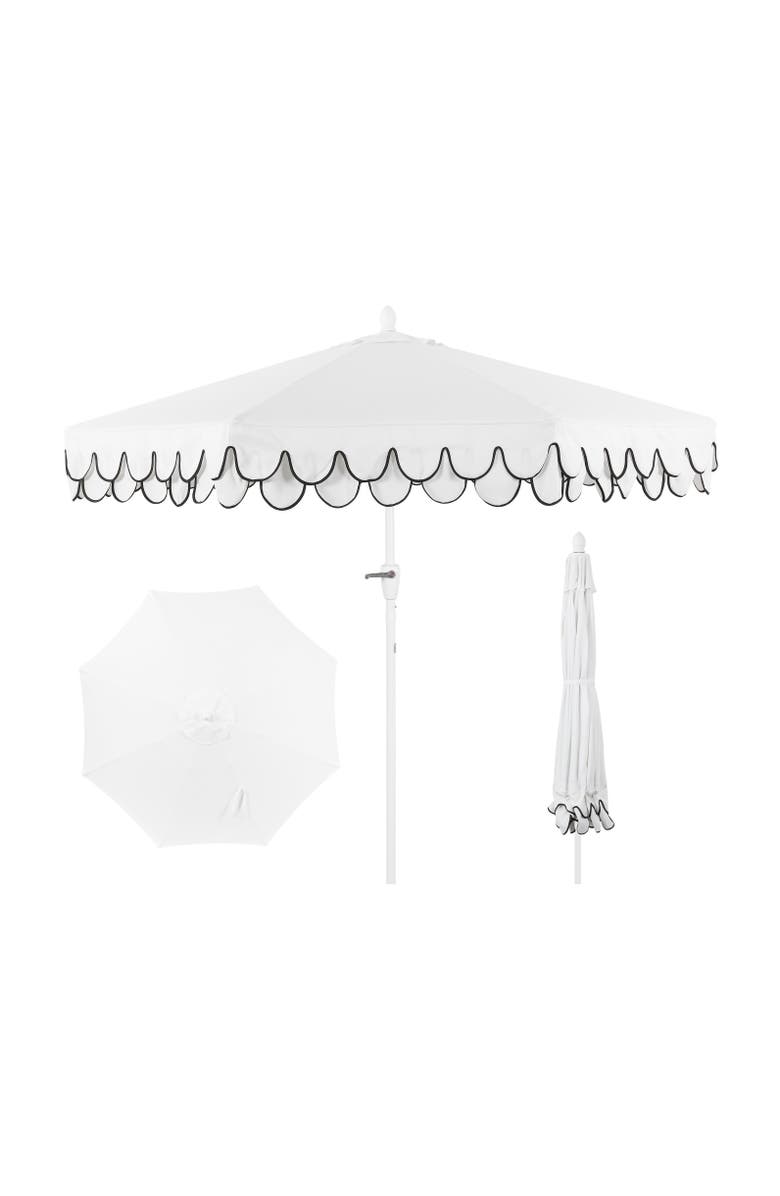 JONATHAN Y Tracy 9 ft. Classic MidCentury Scalloped Fringe Market Patio Umbrella with Auto-Tilt, Crank, Wind Vent and UV Protection, Main, color, White