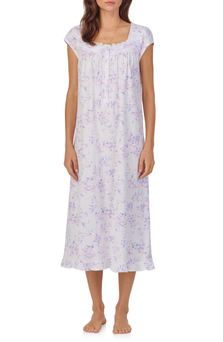 Eileen West Floral Cap Sleeve Long Cotton Jersey Nightgown, Main, color, 