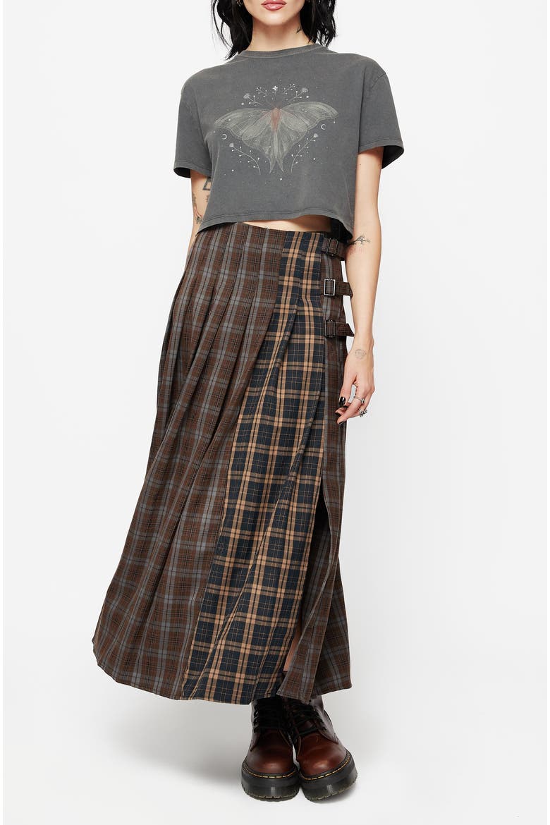 Raven Pleated Check Buckle Maxi Skirt, Alternate, color, Brown