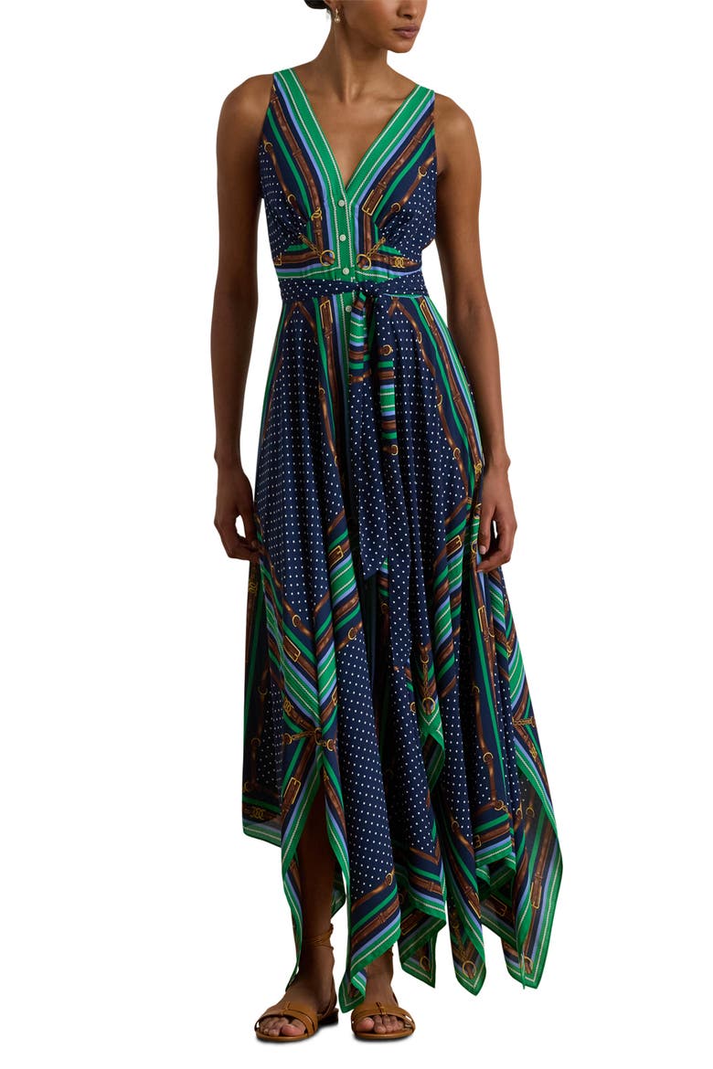 ralph lauren green maxi dress Lauren Mixed Print Handkerchief Hem Georgette (Women) Halterneck dress