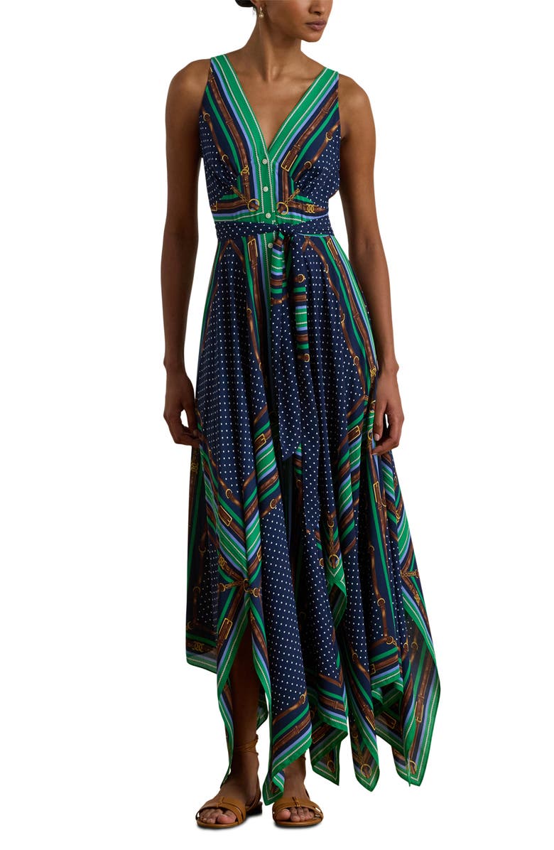 Lauren Ralph Lauren Mixed Print Handkerchief Hem Georgette Maxi Dress, Main, color, Blue Multi
