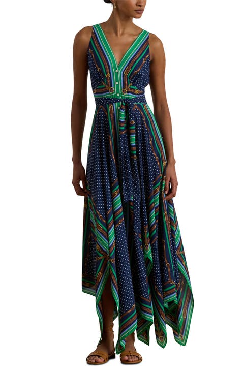 Mixed Print Handkerchief Hem Georgette Maxi Dress