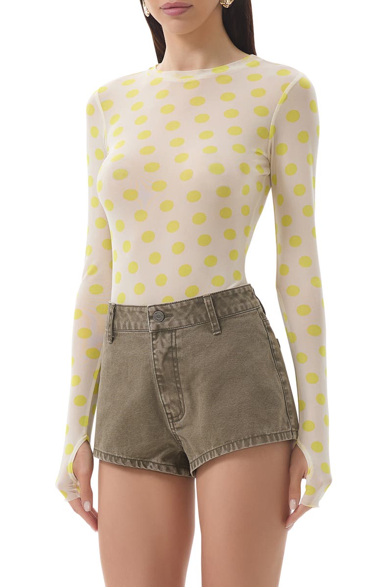 AFRM Kaylee Printed Long Sleeve Mesh Top, Main, color, Sun Dot