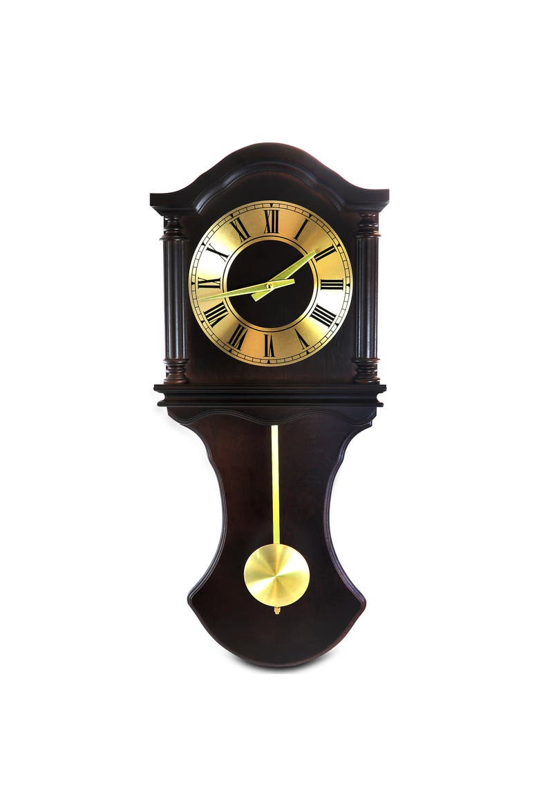 27.5in Wall Clock with Pendulum Chocolate Oak Finish, Main, color, Chocolate