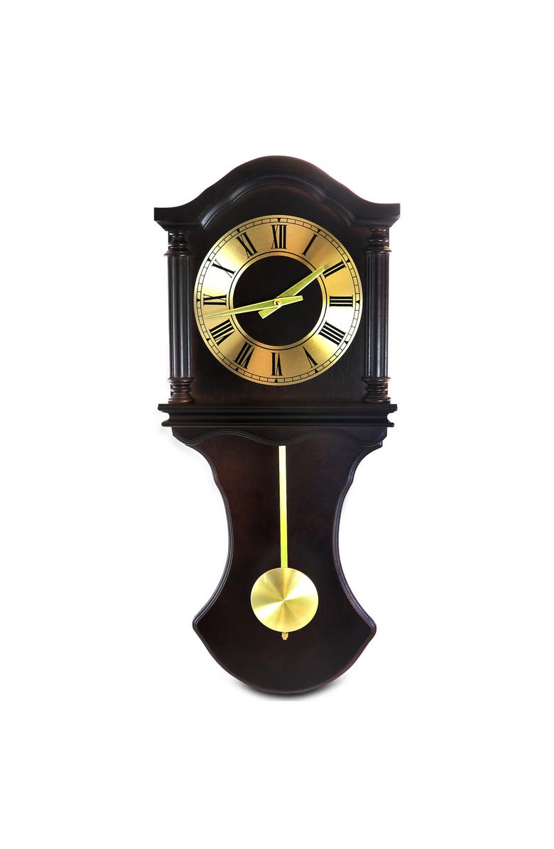 Bedford Clock Collection 27.5in Wall Clock with Pendulum Chocolate Oak Finish, Main, color, Chocolate
