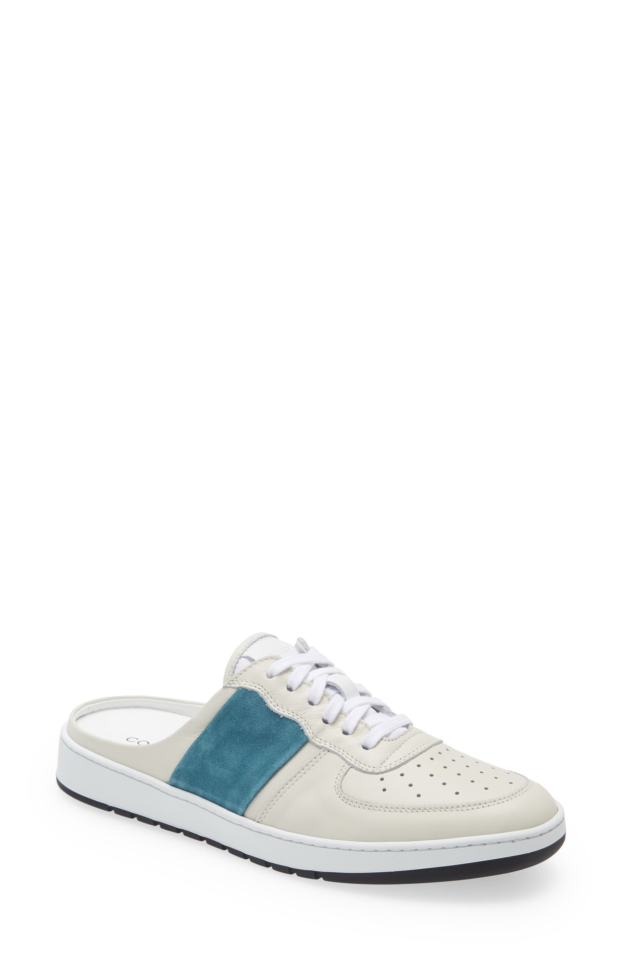 Collegium Pillar Mule, Main, color, White/ Aqua Blue Suede