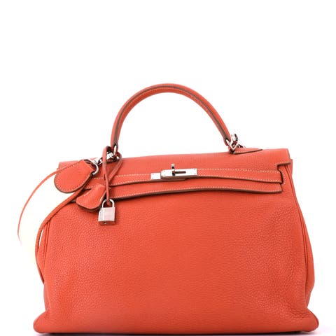 Kelly Amazone Handbag Orange Clemence with Palladium Hardware 35