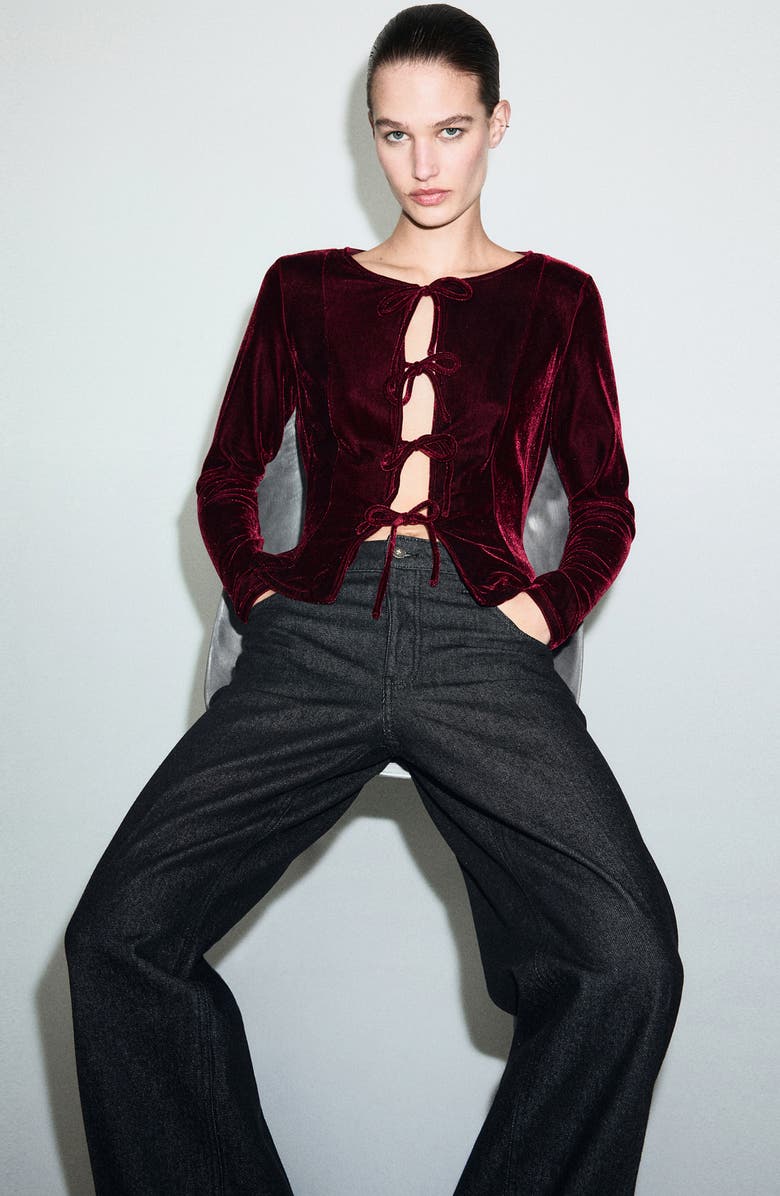 MANGO Bow Front Velvet Top, Alternate, color, 