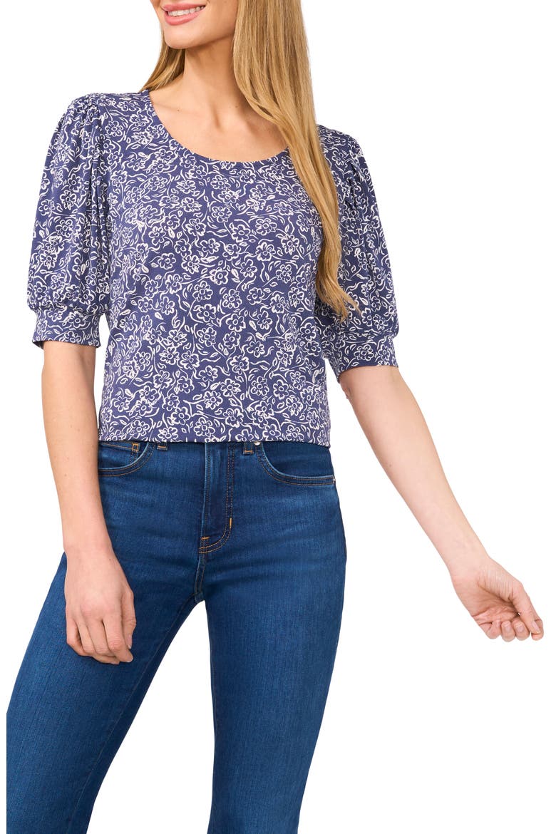 Floral Print Puff Sleeve Top, Main, color, OCEAN BLUE