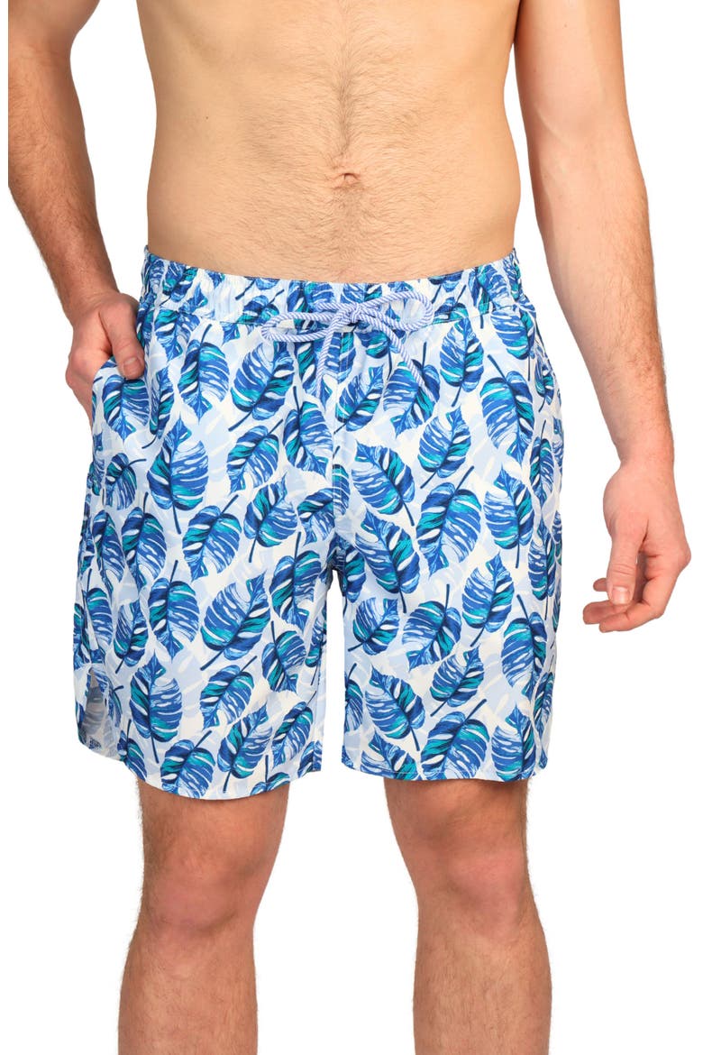 Tropical Leaves Print Swim Trunks, Main, color, GREEN