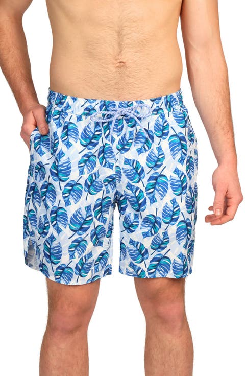 Tropical Leaves Print Swim Trunks