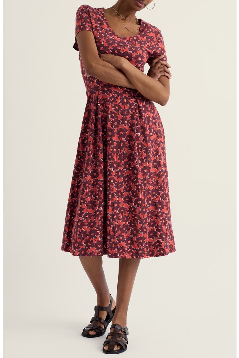 Pier View Floral Flare Stretch Organic Cotton Dress, Main, color, INKED COSMOS MASALA