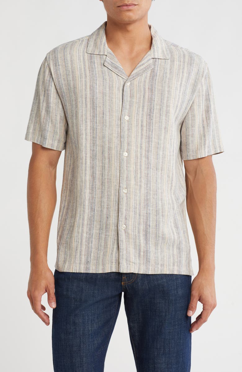 TRUTH Stripe Linen Blend Camp Shirt, Main, color, Warm Multi Barcode Stripe