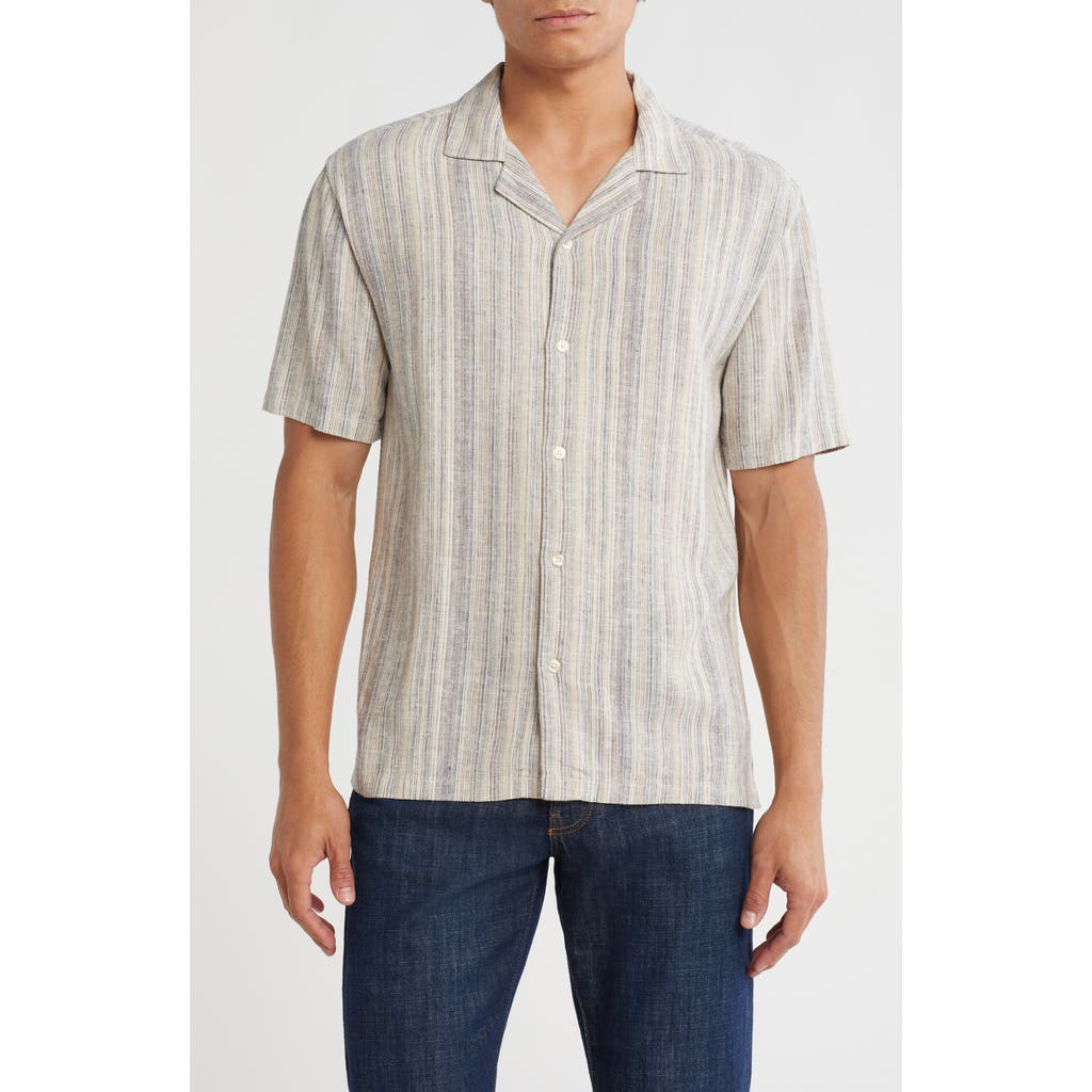 Truth Stripe Linen Blend Camp Shirt In Gray