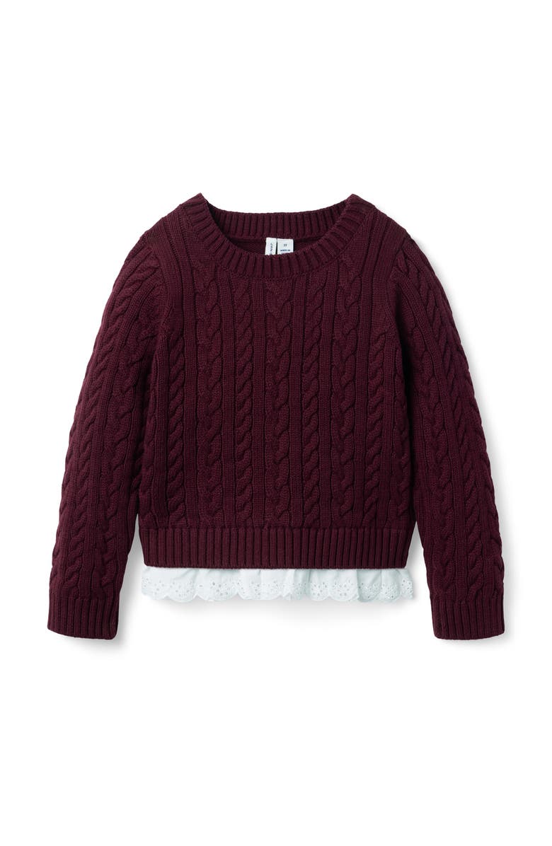 Janie and Jack Cable Knit Eyelet Hem Sweater, Main, color, Burgundy