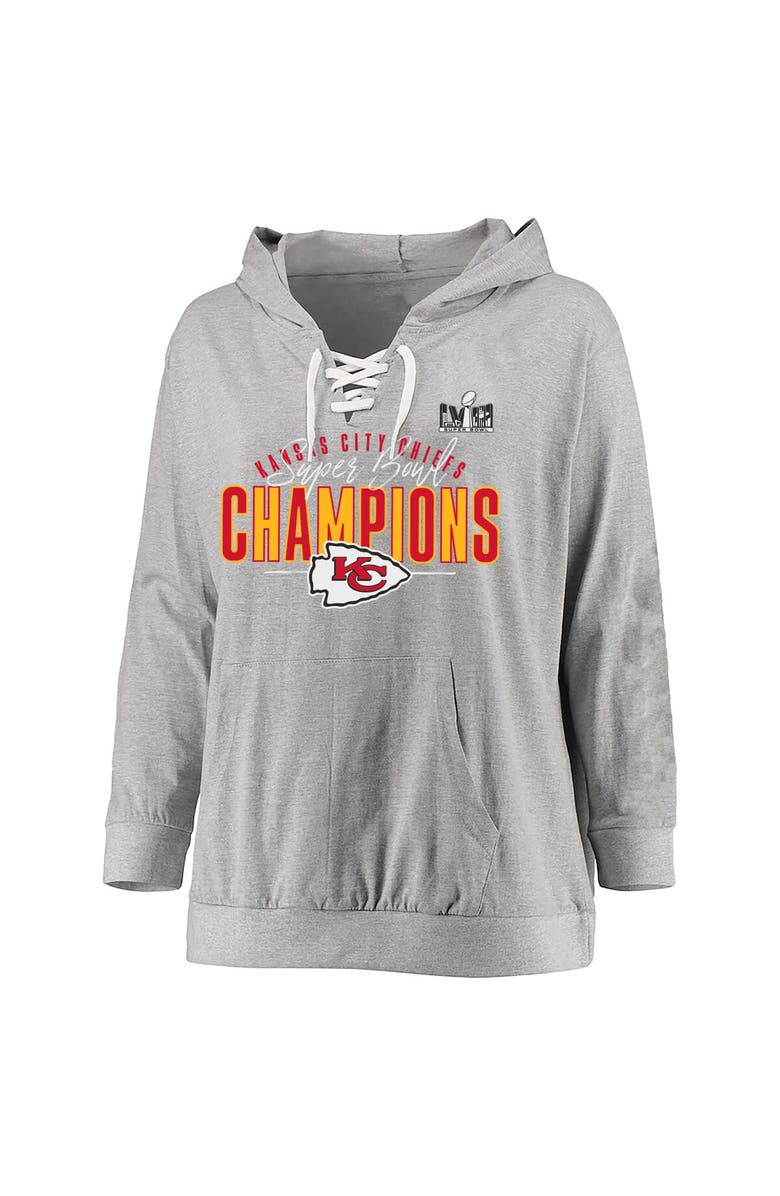 FANATICS Women's Fanatics Branded Heather Gray Kansas City Chiefs Super Bowl LVIII Champions Prestigious Run Plus Size Lace-Up Long Sleeve Hoodie, Main, color,