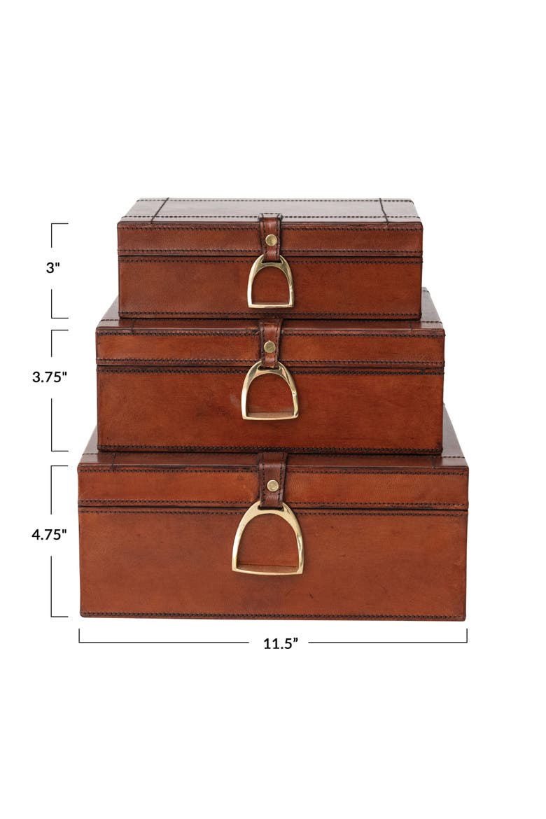 3-Piece Reclaimed Wood and Leather Nesting Boxes with Brass Closures and Flocked Interior, Gold Finish and Cognac Color, Alternate, color, Brown