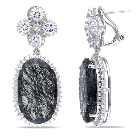Black Rutile & Created White Sapphire Dangle Earrings