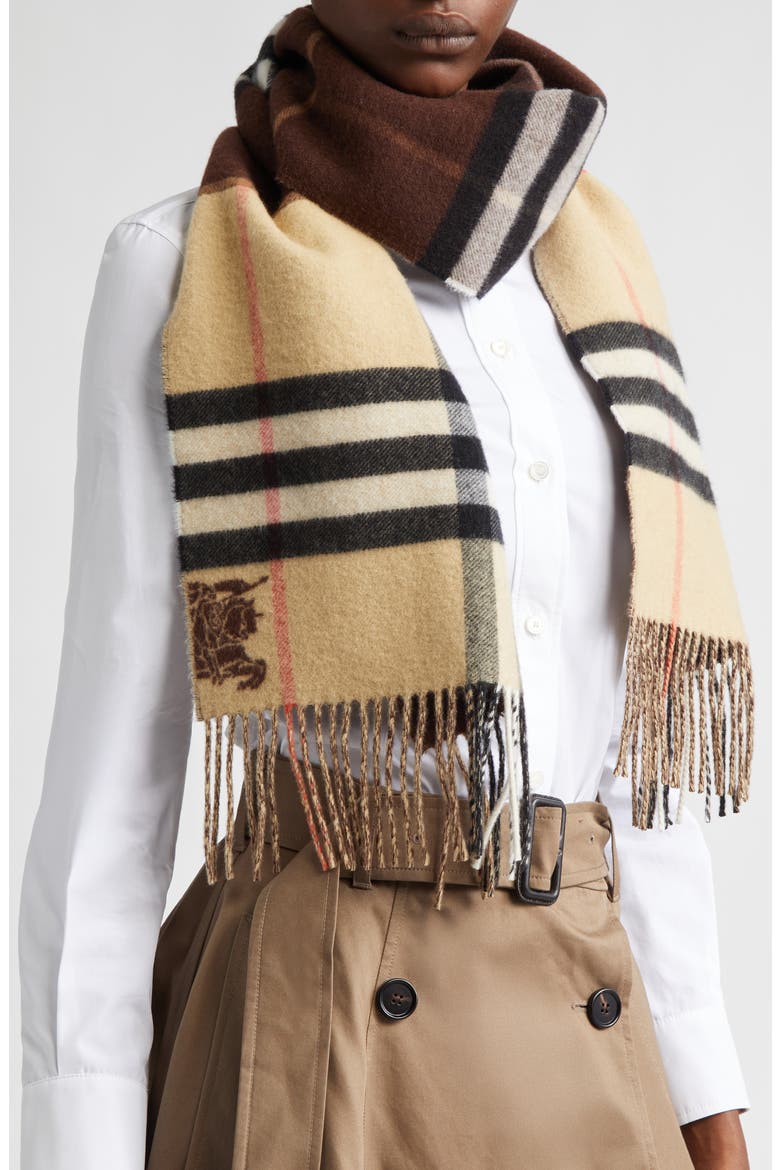 EKD Check Reversible Double Face Cashmere Fringe Scarf, Alternate, color, SAND/ TREACLE BROWN