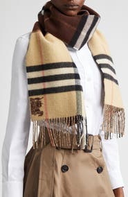 Burberry EKD Check Reversible Double Face Cashmere Fringe Scarf