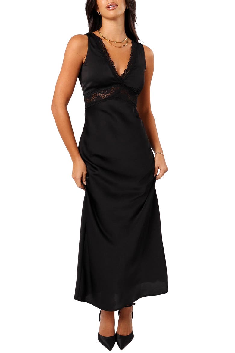 Brennan Lace Trim Satin Maxi Dress, Main, color, BLACK