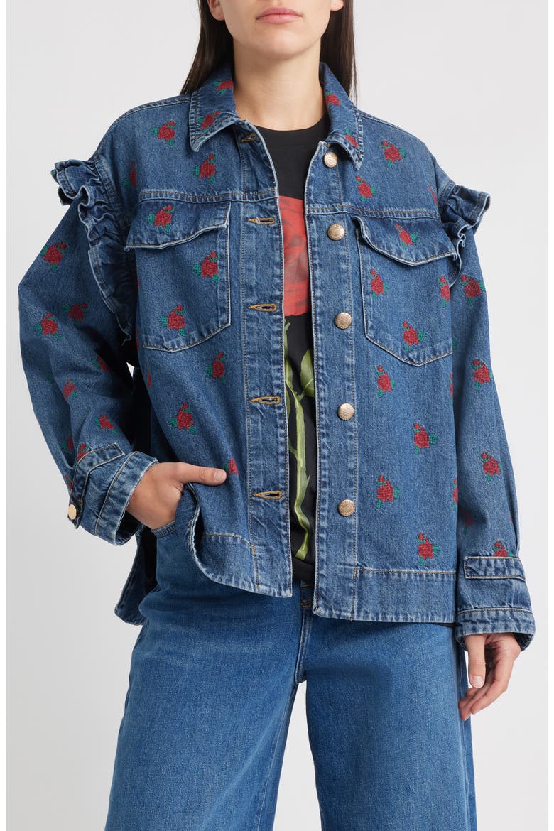 Floral Cross Stitch Denim Jacket, Main, color, BLUE DENIM