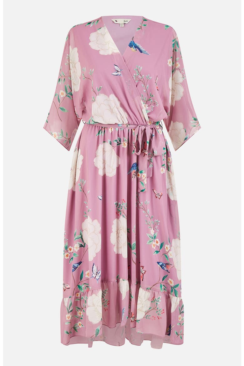 Bird And Floral Print Midi Wrap Dress, Alternate, color, Pink