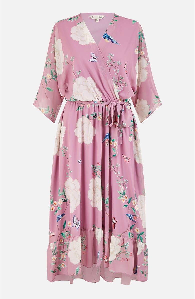 Yumi Bird And Floral Print Midi Wrap Dress, Alternate, color, Pink